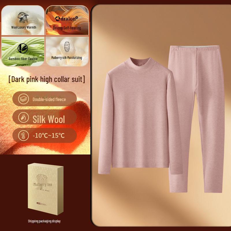 Women's Silk Wool Velvet Thermal Underwear Set - Half High Collar Top & Pants
