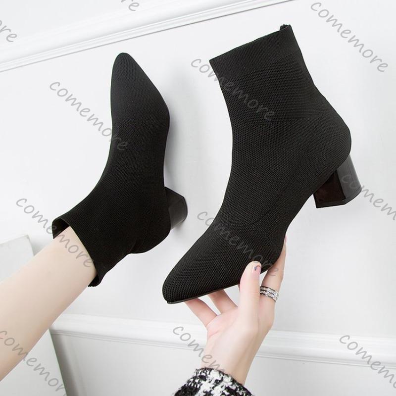 Comemore Autumn and Winter New Pointed Toe Sock Boots for Women Knitted Stretch Comfortable Casual Elastic Solid Ankle Boots