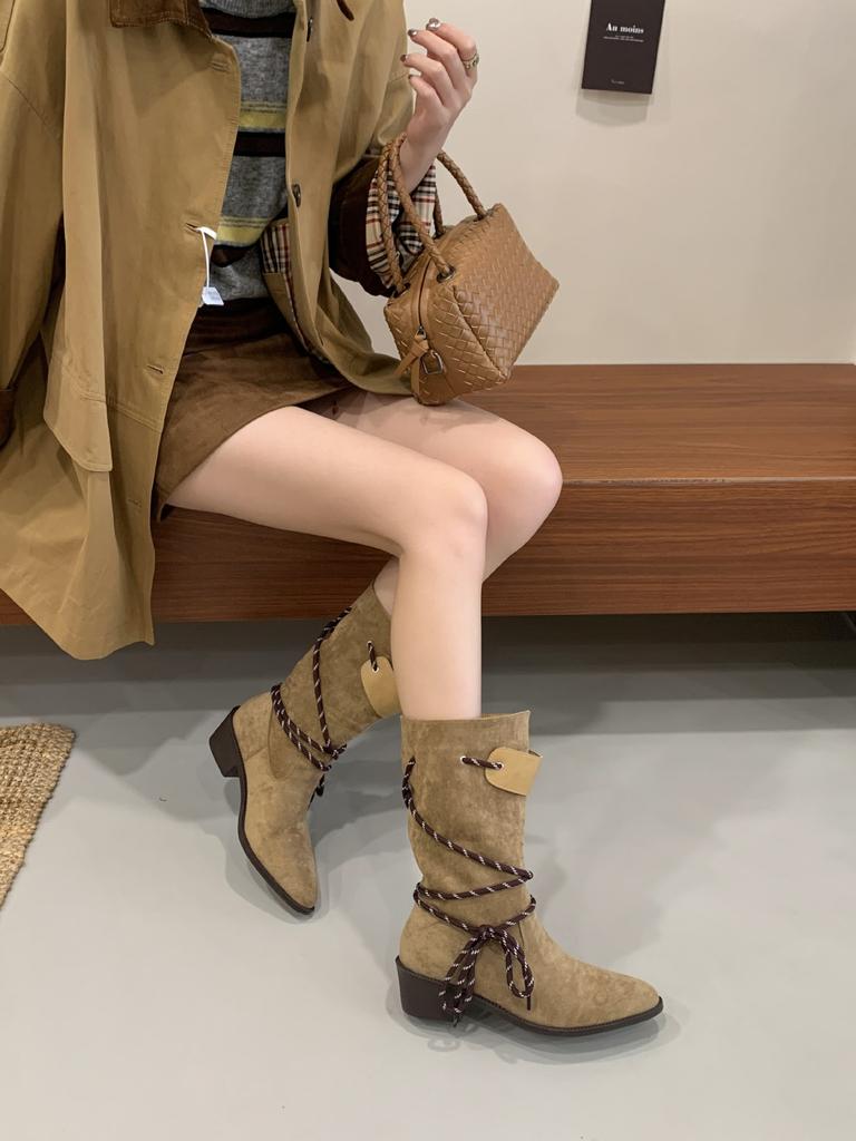 Retro thick heel brown suede medium tube stacking boots women's 2025 new thin boots spring and autumn single boots western short boots