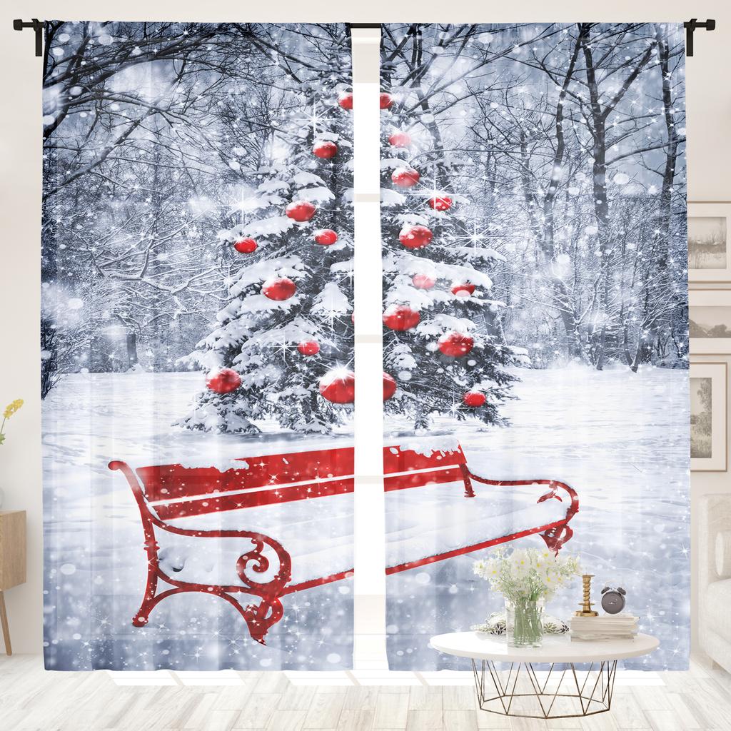 2 stycken, julgran vintersnölandskap röd pall gardiner -30% mörkläggning - lämpliga för vardagsrum, sovrum, heminredning