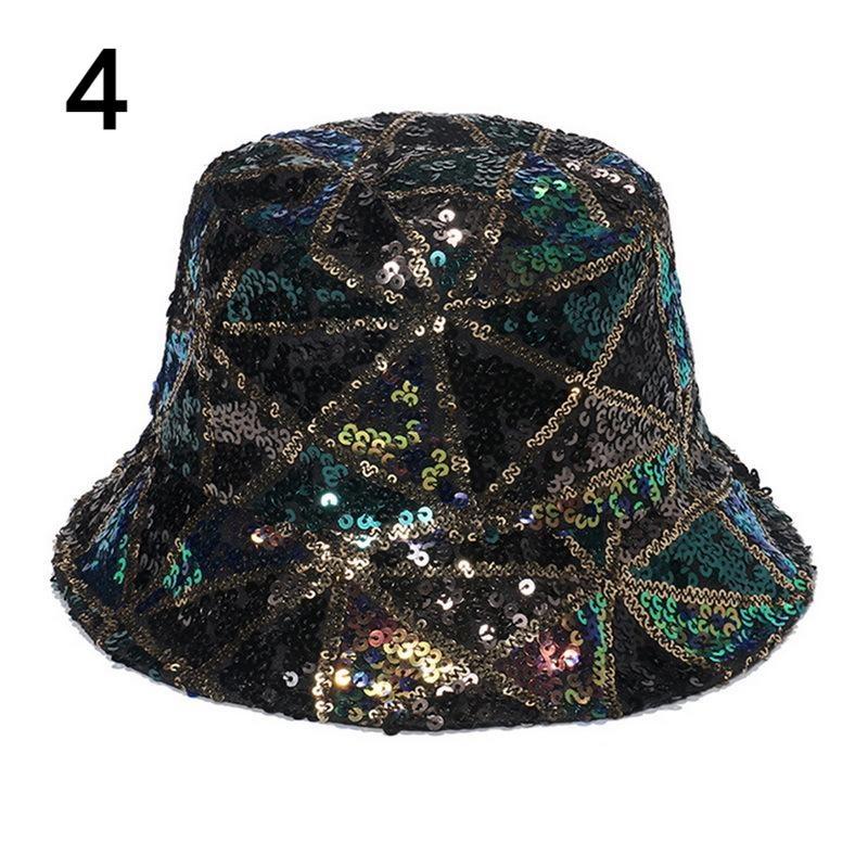 Women Bucket Hat Fishing Cap Sequin Hip-hop Festival Glitter Bling Wide Brim