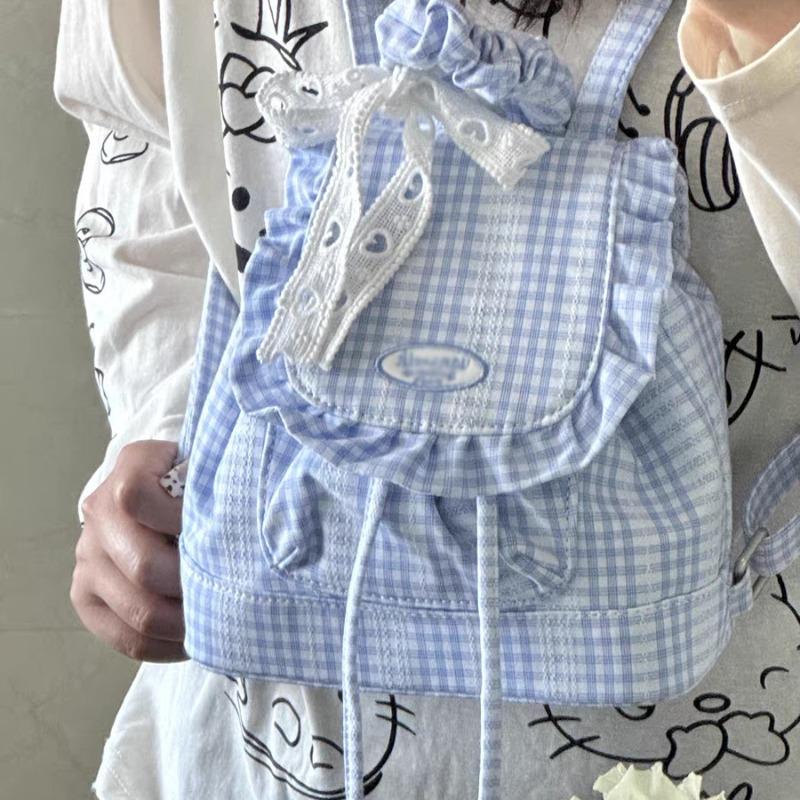 Blue lace plaid backpack women's  new sweet ruffle edge backpack college style commuter bag