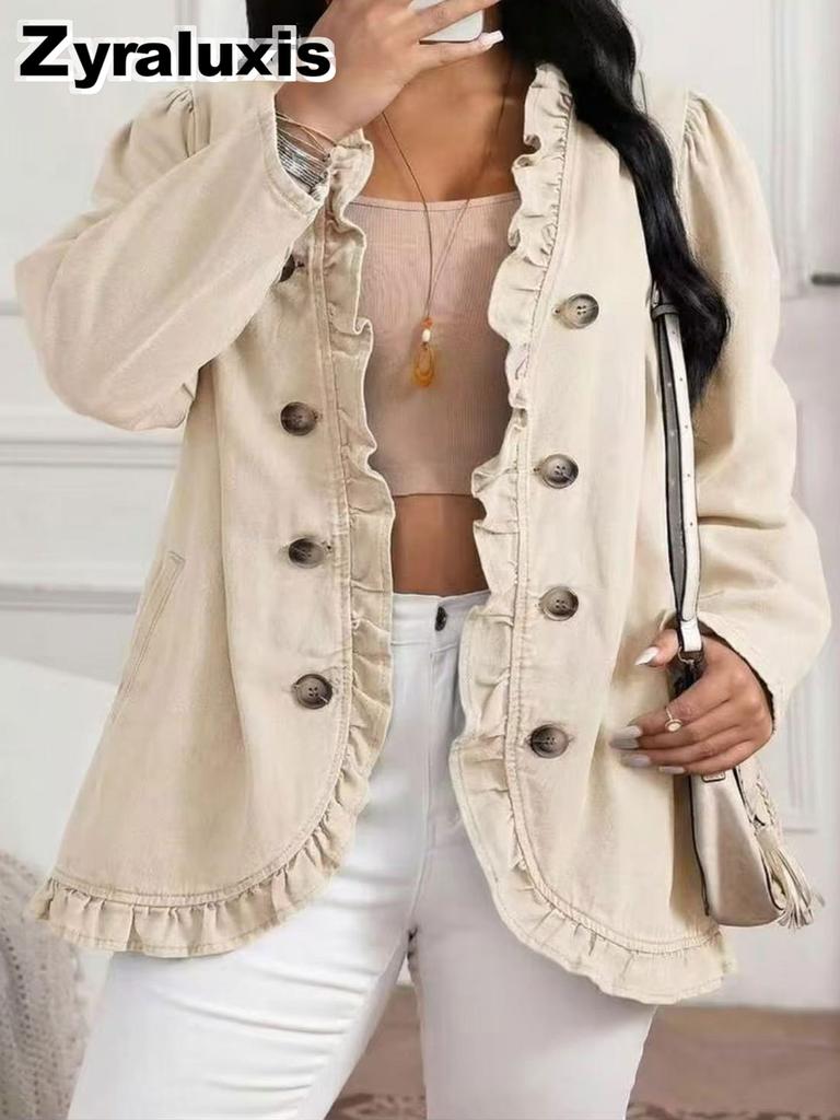 Veste en jean bleu marine à bords volantés pour femme, col montant, un bouton, manches longues, coupe ajustée, style français