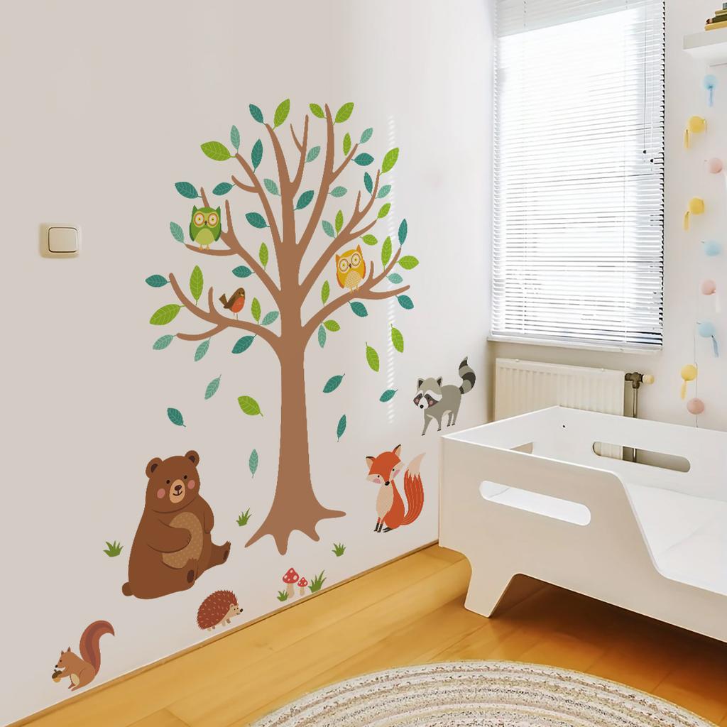 Cartoon Waldtier Baum Wandaufkleber für Kinderzimmer Schlafzimmer Wanddekoration