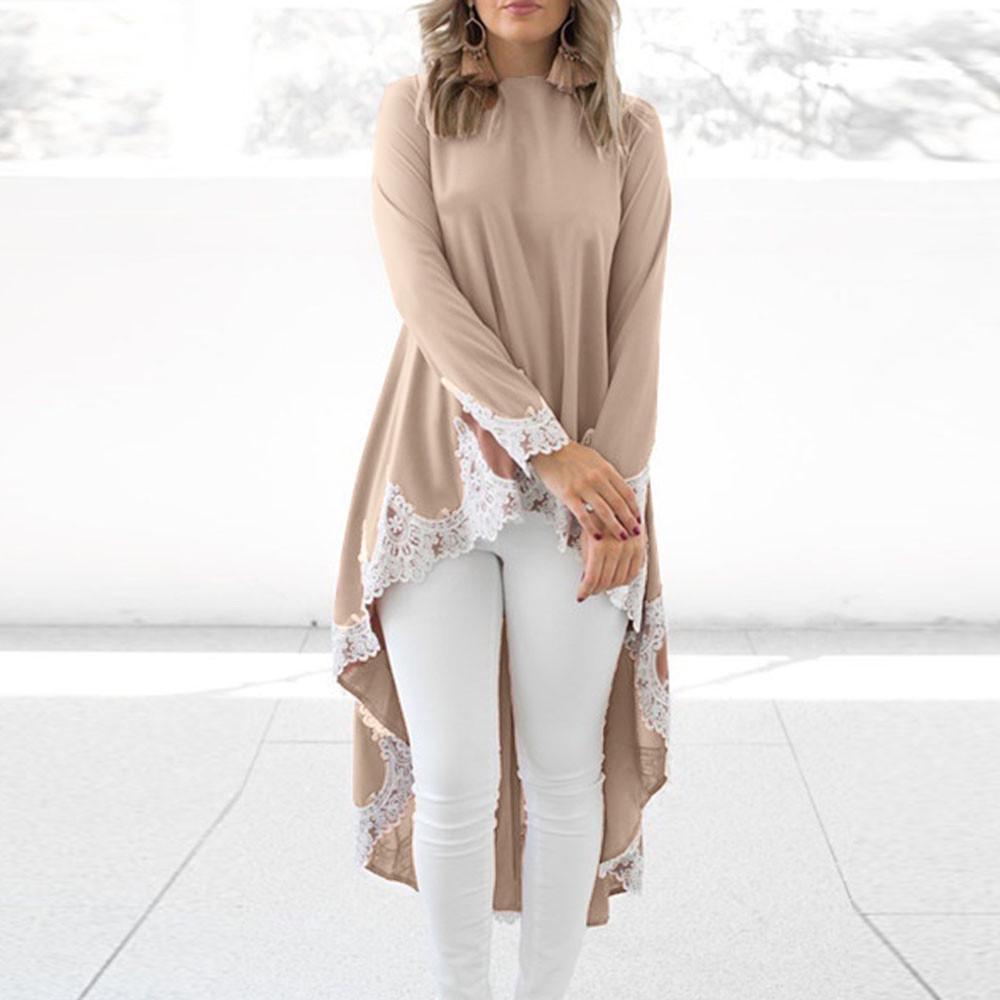 Women's  Long-sleeved Casual O-neck Pullover Irregular Hem Solid Color Lace Dres