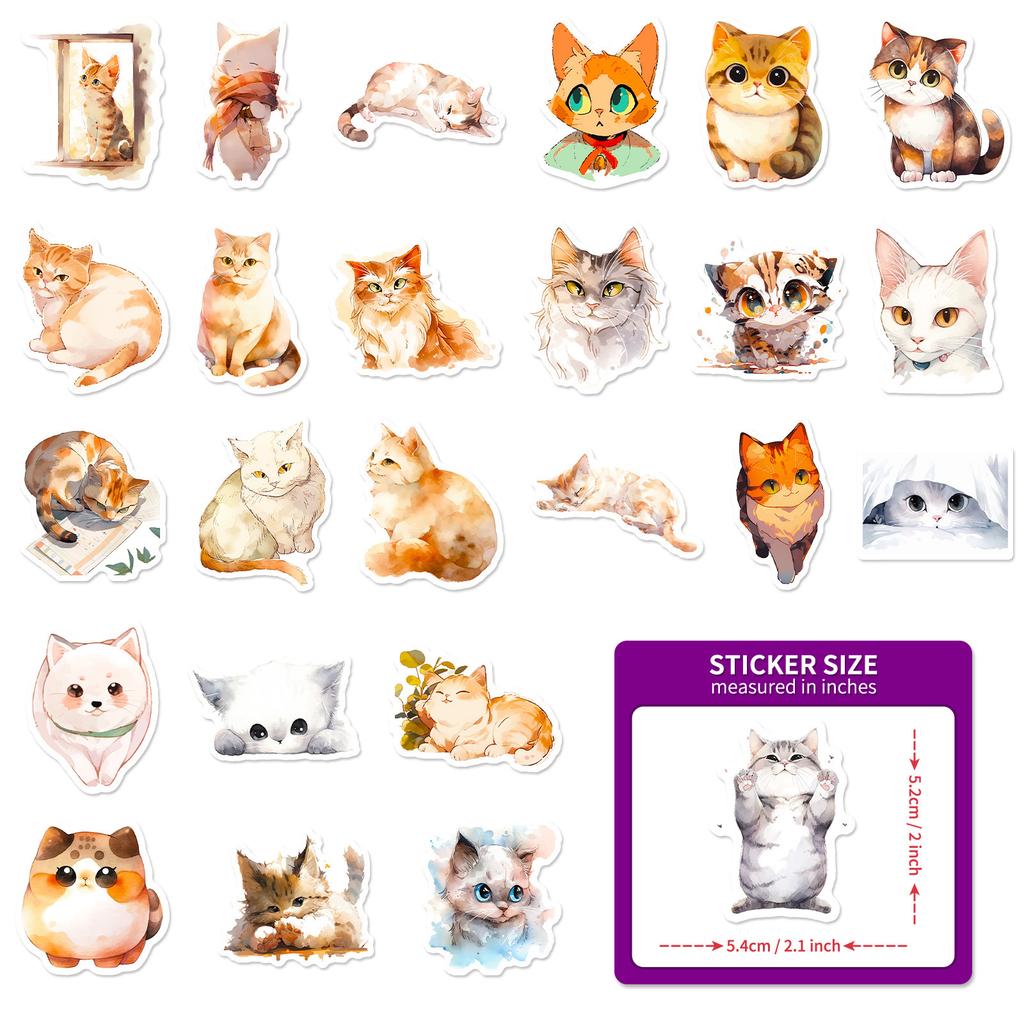 50 Watercolor Cat Stickers Cartoon Cute Cat Watercolor Stickers Decorative Luggage Guitarist Ledger Stickers