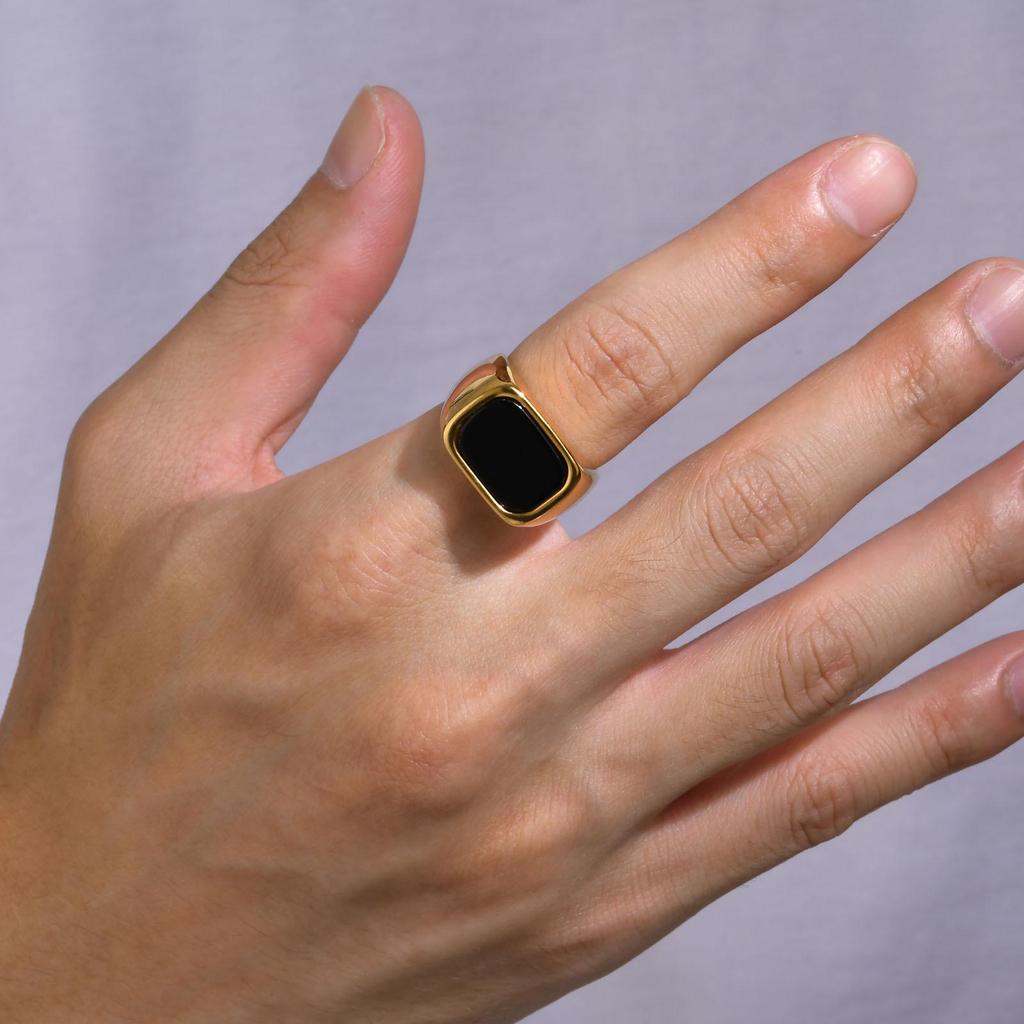 Men's Stainless Steel Gold Ring with Black Glass Stone and Geometric Design (RC-619)