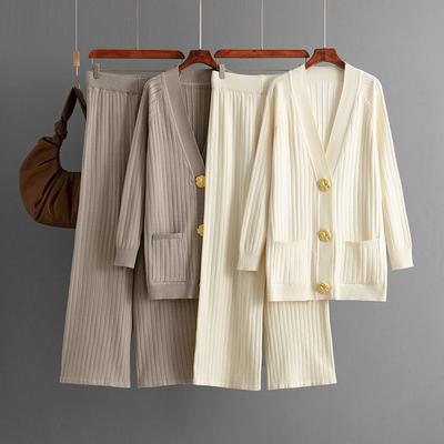 Autumn and Winter New Solid Color Loose Metal Button Cardigan Set + Wide-leg Pants Two-piece Set for Women
