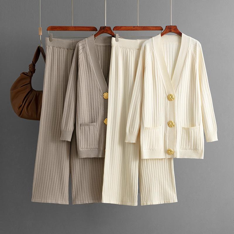 Autumn and Winter New Solid Color Loose Metal Button Cardigan Set + Wide-leg Pants Two-piece Set for Women