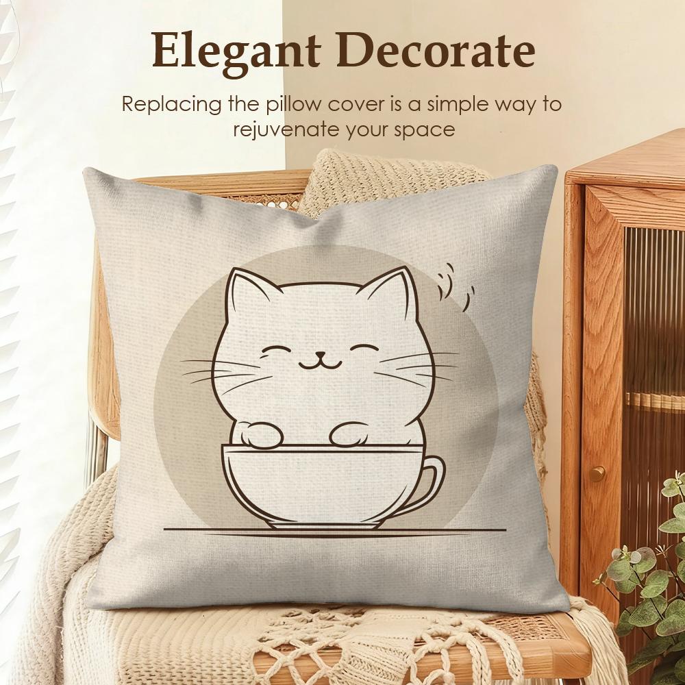 Cat Drink Coffee Cute Funny Cushion Cover Natural Linen Organic Fabric DoubleSided Printing Sofa Home Decor Gift Pillow Case