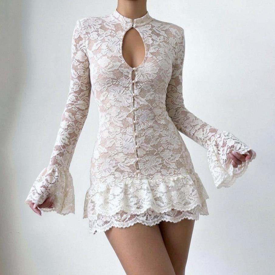 Celebrity Style White Lace Dress Women's French Autumn and Winter Inner Cover Double-layer Horn Sleeve A-shaped Skirt Small White Dress Women's Cloth