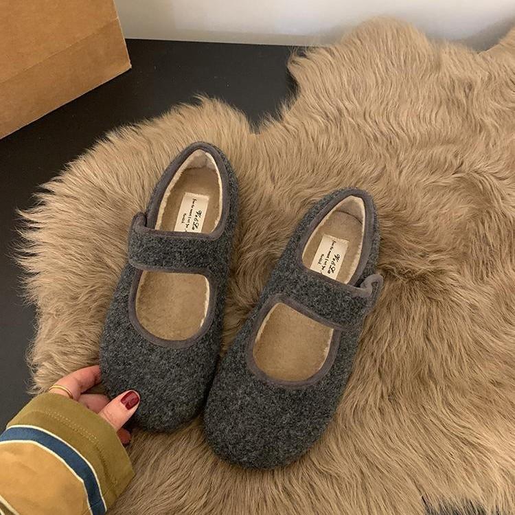 Velcro Gray Fluffy Shoes for Women's Winter Wear New Velvet Single Shoes Warm Cotton Shoes Flat Mary Jane Doudou Shoes