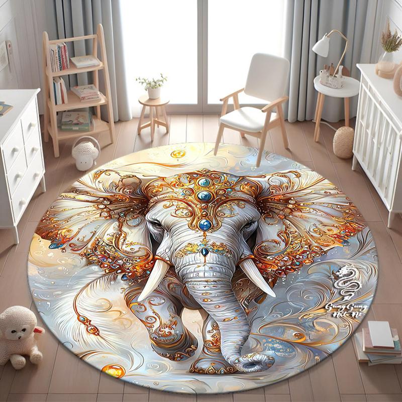 1Pc Elephant Circular Print Rug - Home Decoration Carpet For Living Room Bedroom Flooring Computer Chair Area Rug