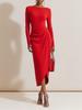 In-Stock Elegant Boat Neck Dress with Pleated Waist, Asymmetrical Hem, and Long Sleeves for Spring and Autumn.