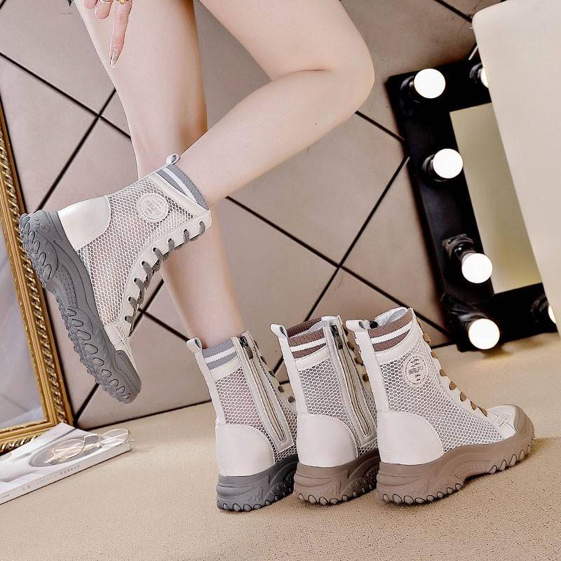 2024 Neue Mode Damen Frühling Sommer Stiefel Wadenhoch Erhöhter Absatz Kurz Atmungsaktiv Dünn Hohl Aus Freizeitstiefel