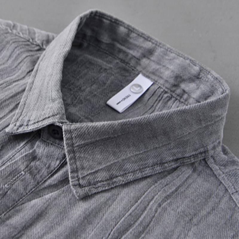 Spring and Summer Men's Linen Long-sleeved Shirt Casual Pleated Pullover Shirt