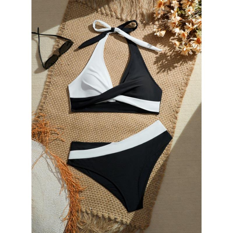 Damen Sexy Kontrastfarbe Zweiteiliger Bikini Badeanzug
