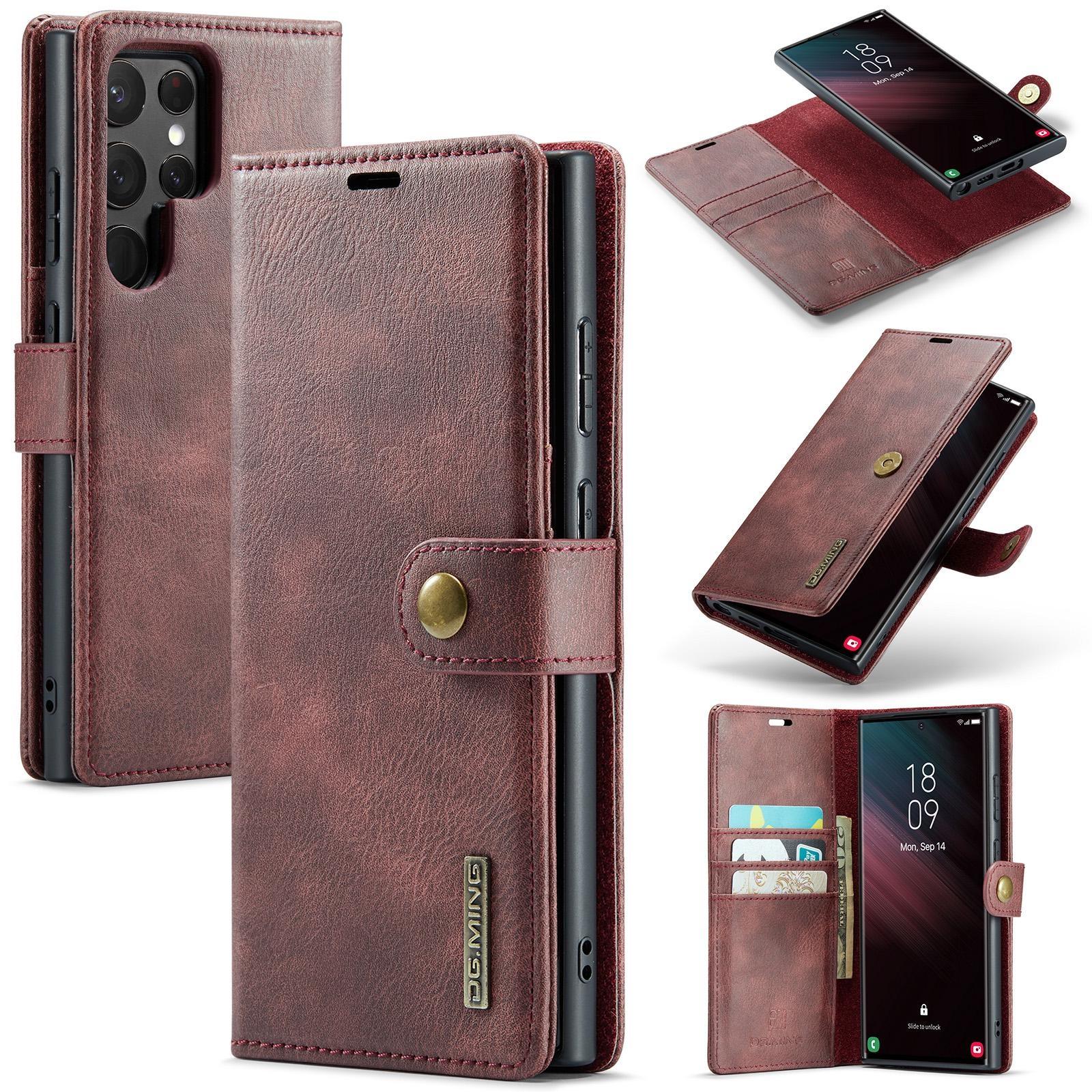 

DG.MING 2 в 1 Магнитный съемный чехол-бумажник из воловьей кожи для телефона Samsung S23 S22 S21Ultra Plus S21 S20FE A14 A13 A53/iPhone 15 14 13 12Pro Max Samsung S22 Ultra красный