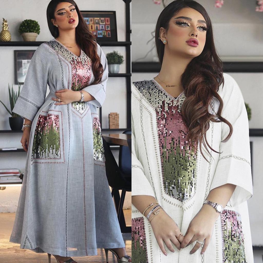 AB053 Dubai Beaded Sequin Jalabiya: Women's Embroidered Long Robe for Eid al-Fitr.