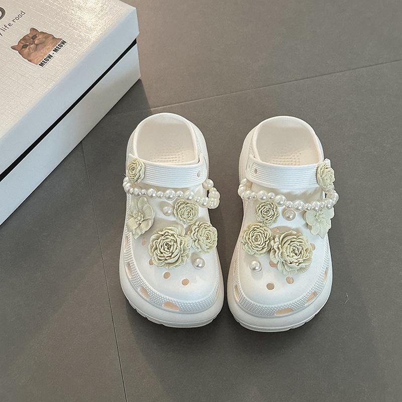 

Модные повседневные сандалии в ретро-дизайне, женские летние сандалии на платформе с жемчугом и камелиями, обувь с отверстиями, нескользящие шлепанцы 39-40 бежевый