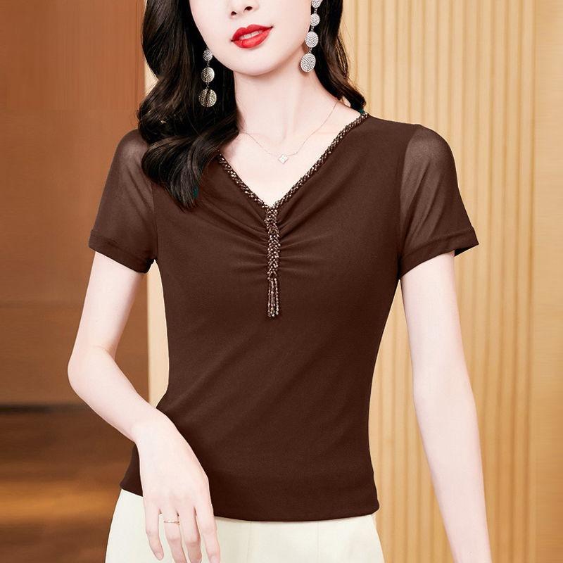 Women's Beading V-neck Solid Slim T-shirt Summer Fashion Summer Mesh Tops Female Short Sleeve Streetwear Tees