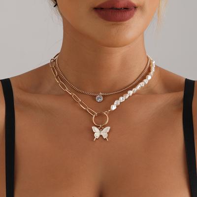 Dripping Butterfly Pendant Flat Love Pearl Circle Splicing Clavicle Chain Double Necklace