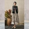 JK&JS Painted Spring Mountain New Chinese Style Rayon Linen Long Sleeve V-Neck Maxi Dress