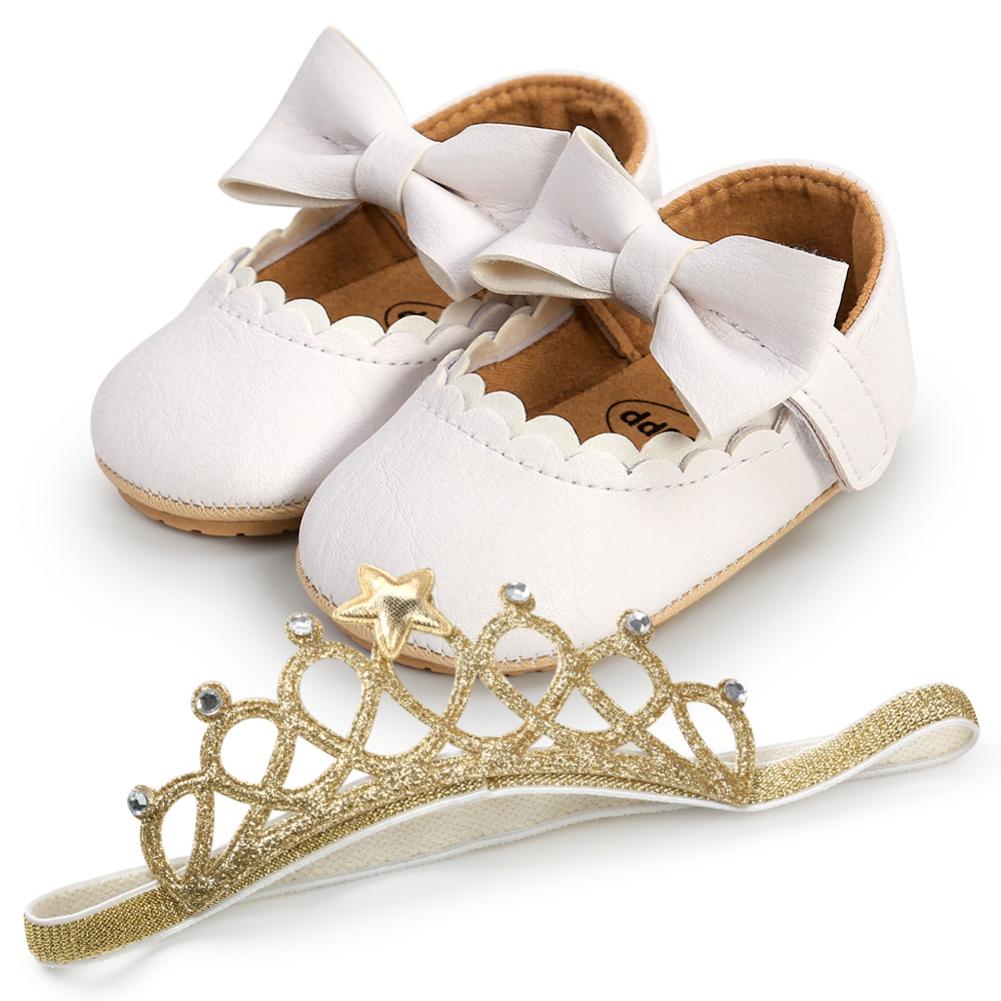 

Обувь для маленьких девочек, Нескользящая мягкая подошва из искусственной кожи для малышей, туфли Мэри Джейн на плоской подошве с бантом, модельные туфли для кроватки для первых ходунков с повязкой на голову, 0–18 месяцев 12-18/L