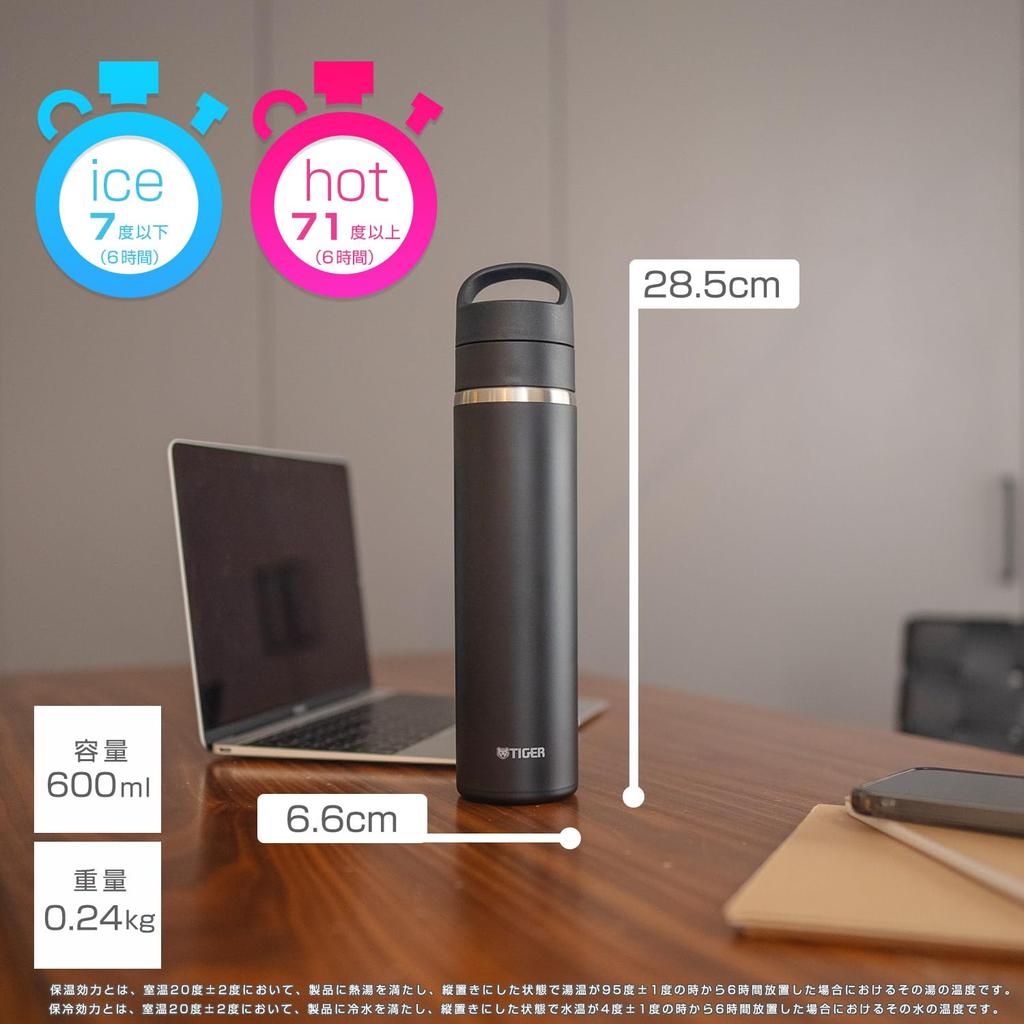 Tiger Thermos Water Bottle 600ml Vacuum Insulated Carbonated Bottle Stainless Steel Beer OK Handle Holder Included Portable Compact Black [Dishwasher