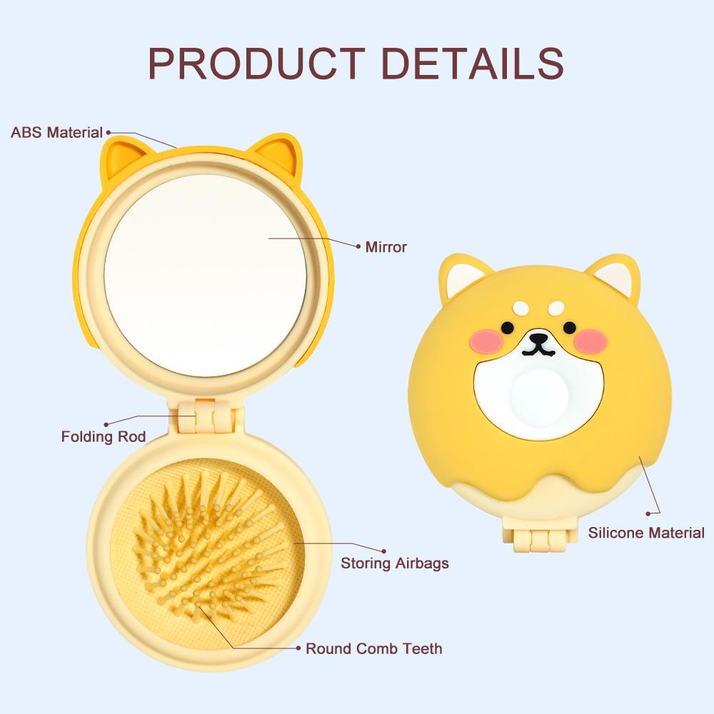 Mini Folding Mirror Comb Massage Anti Static Hair Brush Animal Shape Cute Air Cushion Comb Round Hair Styling Tool