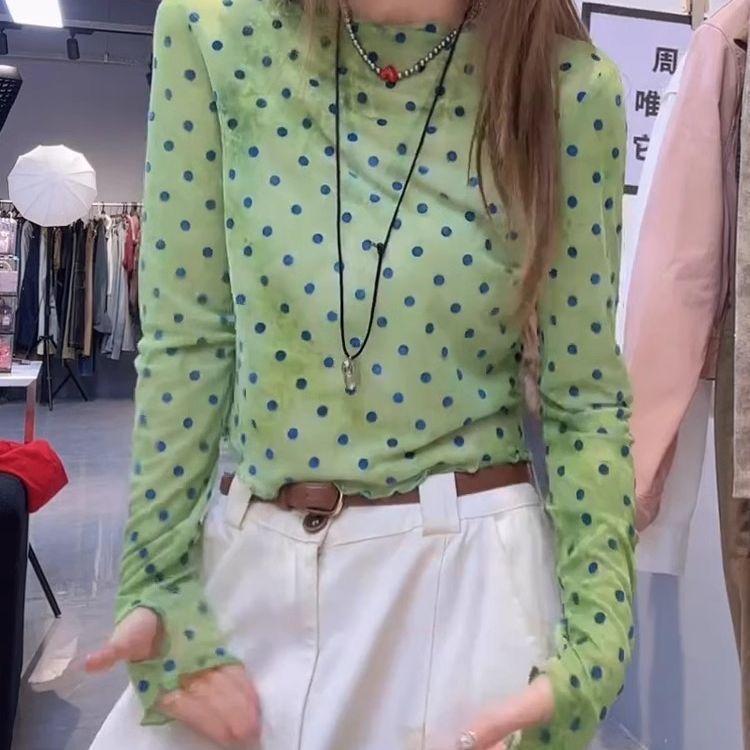 

Зеленая сетчатая футболка с длинным рукавом в горошек, женская летняя тонкая накидка для защиты от солнца, нишевый топ оригинального дизайна 2XL