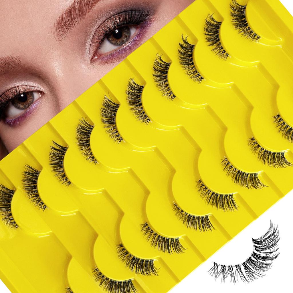 Natural Whole Cat Eye Eyelashes, Chemical Fiber Transparent Stems 10 Pairs of Yellow Tray Half Eyelashes