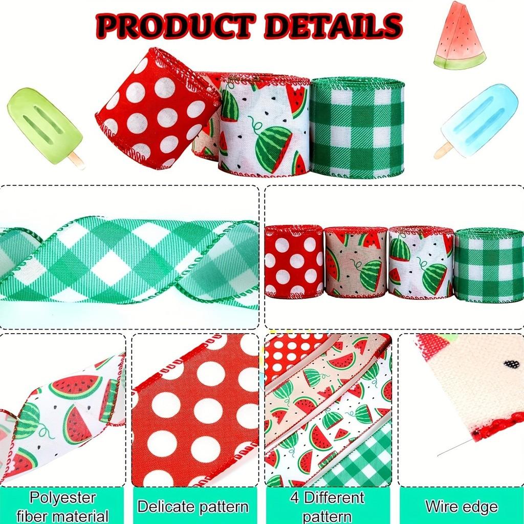 Charming Themed Watermelon Faux Linen Ribbons In Green Checkered Design For Festive Occasions