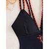 Vintage Black Floral Print Swimwear Women Knitted Double Strap Back Cross One Piece Swimsuit Tummy Control Bathing Suits