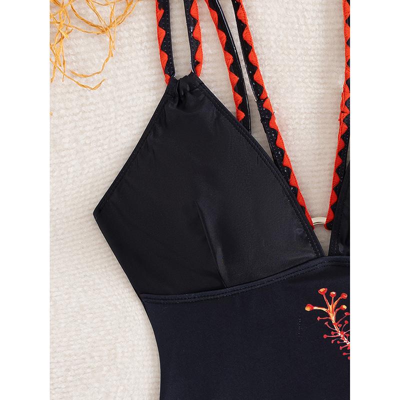 Vintage Black Floral Print Swimwear Women Knitted Double Strap Back Cross One Piece Swimsuit Tummy Control Bathing Suits