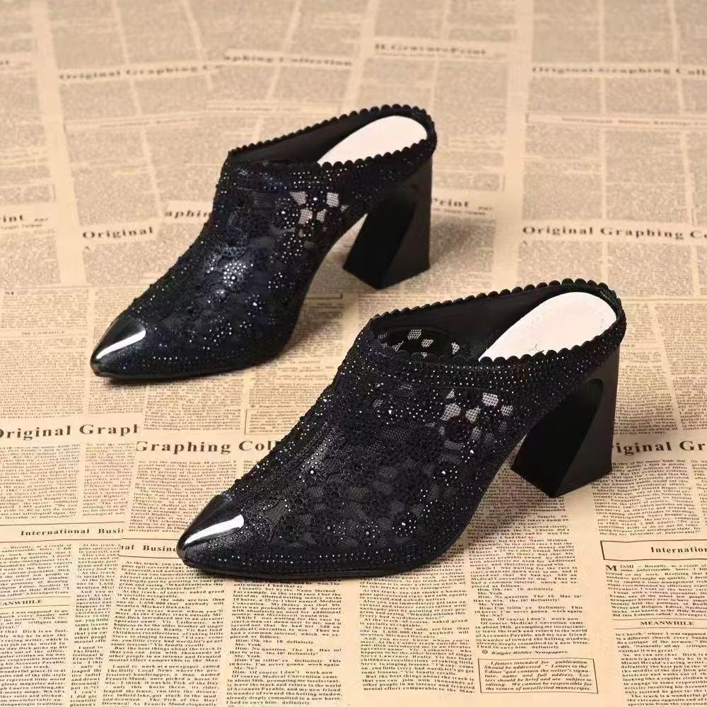 

2025 Новые женские сетчатые мюли слипоны с открытым носком, с вырезами, со стразами, летние сандалии 41 чёрный