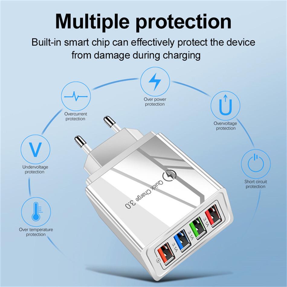 Luminous LED 4-Port USB Mobile Phone Charger 3A EU Plug Smart Travel Charger