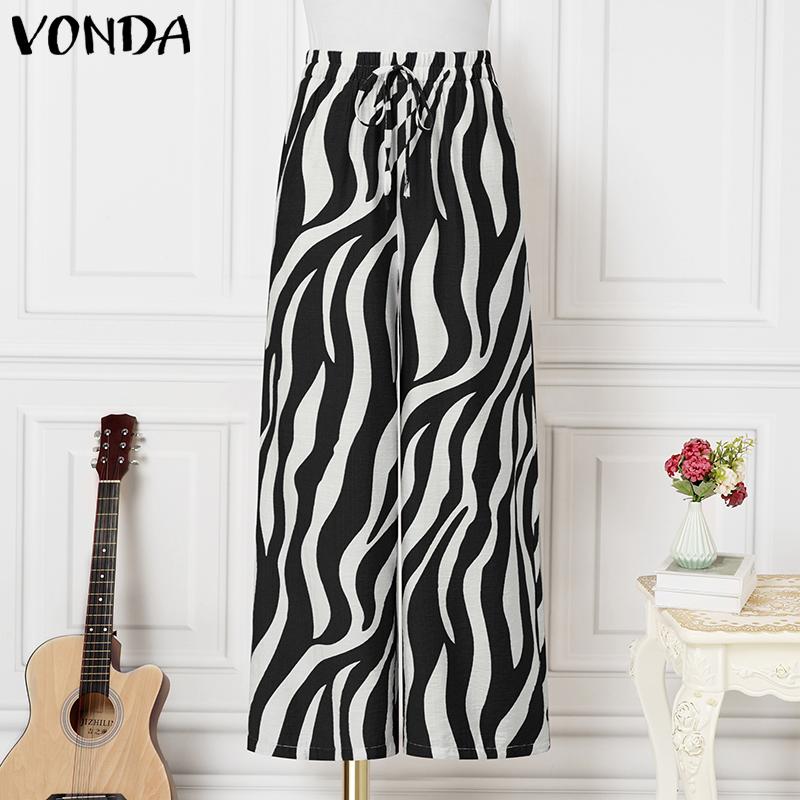 

VONDA Women Elastic Waist Trousers Casual Striped Office Long Straight Pants S чорний
