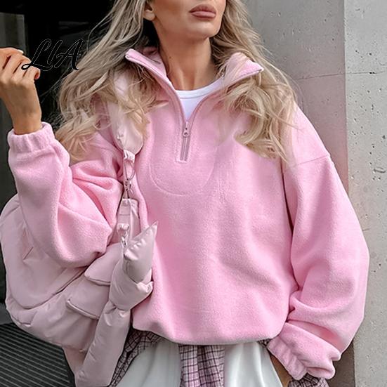 Lady Sweatshirt Women Solid Color Collared Sweatshirt, Loose Half Zipper Collar Pullover Top, Casual Sports Long Sleeve Outfits for Autumn Winter