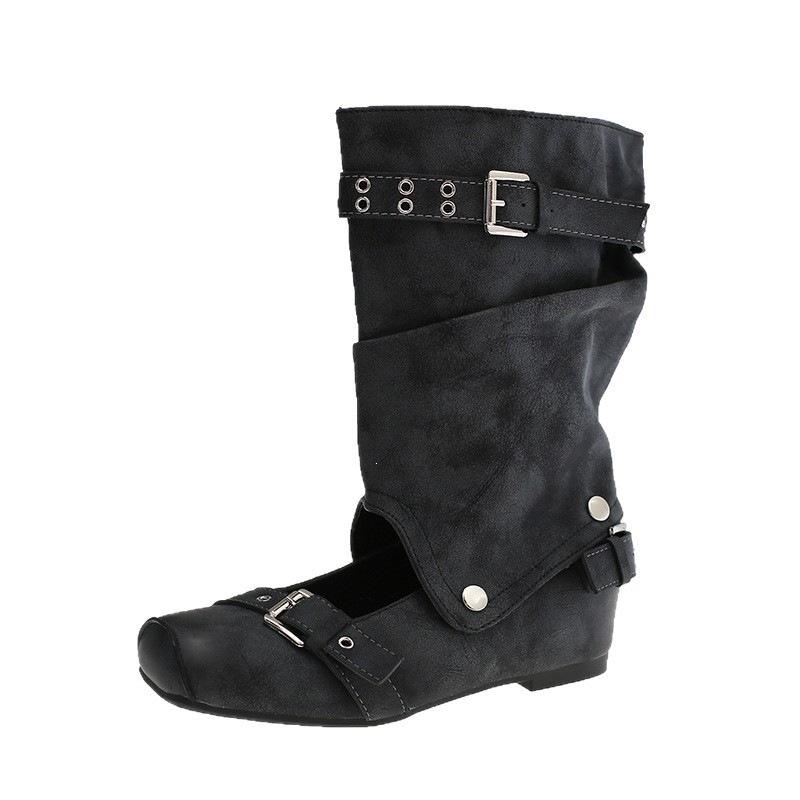Removable inner height-increasing cool boots, trouser tube is thin, fashionable belt buckle, cool boots, shallow mouth two wear, women's large tube
