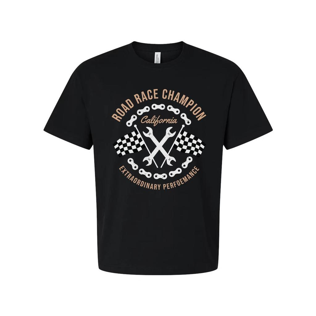Road Race Champion Motorcycle Tee With California Emblem And Checkered Flags Des