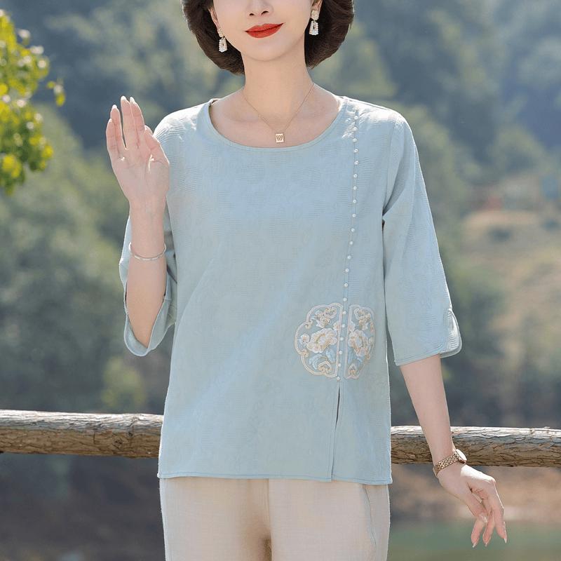 Yuzhaolin Mid-Aged Women s Spring Floral Embroidered T-Shirt XL