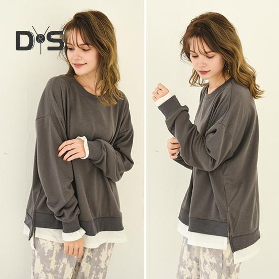 Women Sweatshirt Round Neck Long Sleeve Solid Color Loose Fit Pullover Tops Fake Two Pieces Side Slit Design Casual Sport Tops