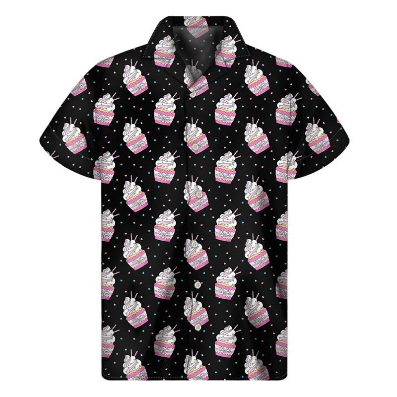 Camicie Hawaiane Grafiche con Cupcake Cartoni Animati da Uomo Camicia a Revers con Cibo Estiva Street T-shirt Larghe Bottoni Maniche Corte Blusa