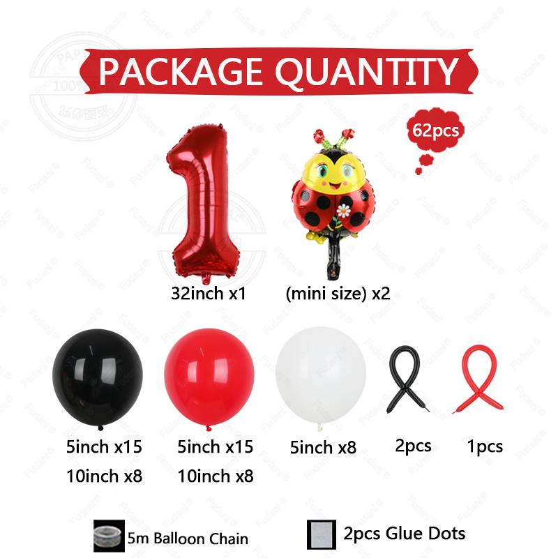 62pcs LadyBug Foil Balloons Garland Arch Kit Red Number Foil Ballon 1-9 Black Dot Happy Birthday Banner Party Decors Air Globos
