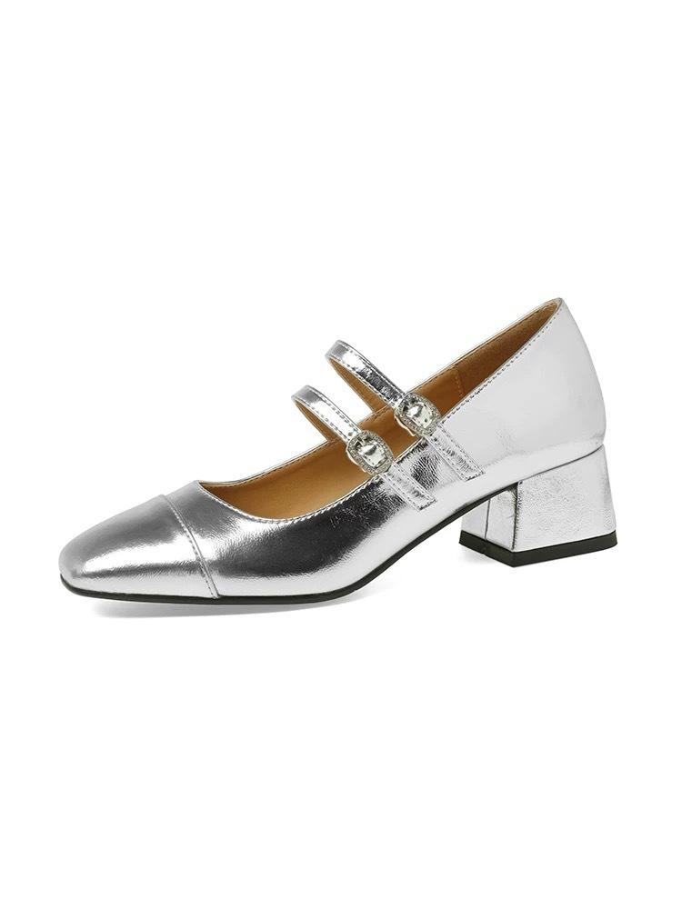 

Sheepskin version~ Square head light mouth one-word buckle thick heel Mary Jane shoes French retro silver single shoes women s high heels 35