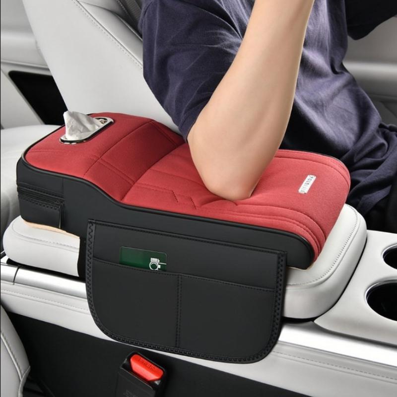 Universal Car Armrest Pad Height-Increasing Insoles Shearling Tissue Storage Box With Side Card Holder/Storage Pouch