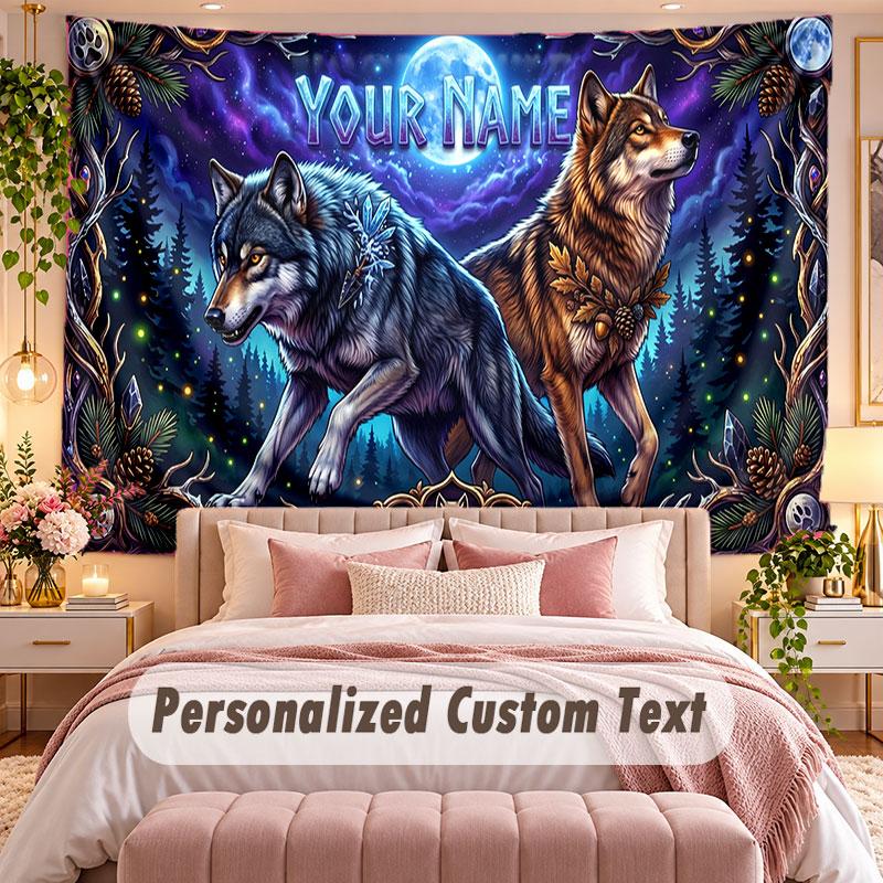 Wolf (144) Theme Wall Tapestry Customized With Name Text Personalized Hanging Tapestry For Bedroom Living Room Decor