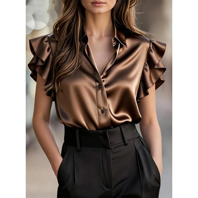Womens Satin Ruffle Sleeve Button Down V Neck Blouse S коричневый