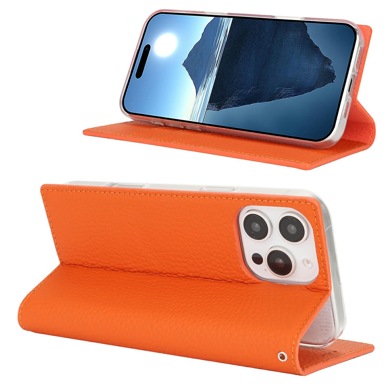 

For iPhone 16 Pro Max Wallet Case Genuine Cow Leather Phone Cover Litchi Texture Orange
